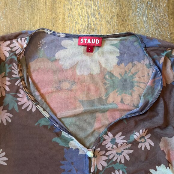 STAUD nylon floral cropped top with bell sleeve and pearl button detail - size s - Picture 2 of 7